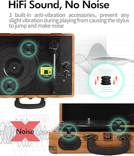 Giradischi, Giradischi Vinili Bluetooth Vintage con 3 Velocità, Giradischi con Altoparlanti Incorporati, Bluetooth In/Out Lettore LP Vinile Valigia USB, In AUX, Linea RCA, Jack Cuffie, Legno - Fashionser