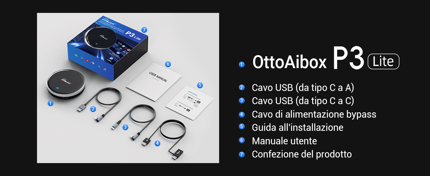OTTOCAST P3 Lite CarPlay AI Box, Senza Fili CarPlay e Android Auto con Netflix YouTube