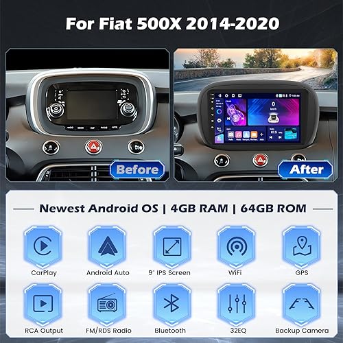 Hikity 4G+64G Autoradio Android per Fiat 500X 2014 2015 2016 2017 2018 2019 2020 Stereo Auto 2 Din Wireless Carplay Android Auto 9 Pollici Touchscreen con GPS WiFi FM/RDS 32EQ Camera MIC - Fashionser