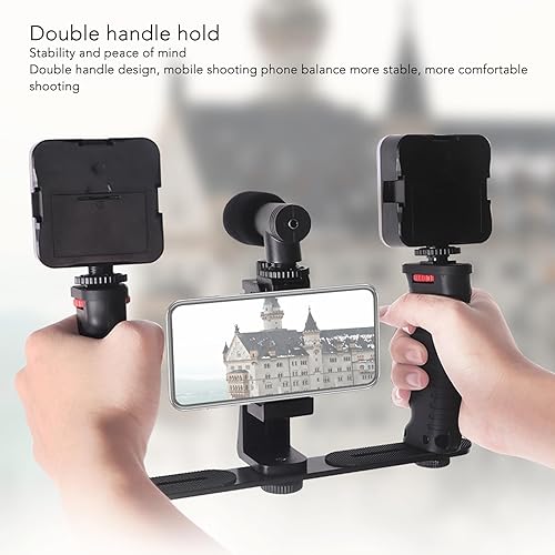 Smartphone Video Rig, Rotazione a 360 Gradi Telefono Video Stabilizzatore Impugnatura Vlogging Cage Cold Shoe Interfaccia Regolabile con Maniglia per la Registrazione Video - Fashionser