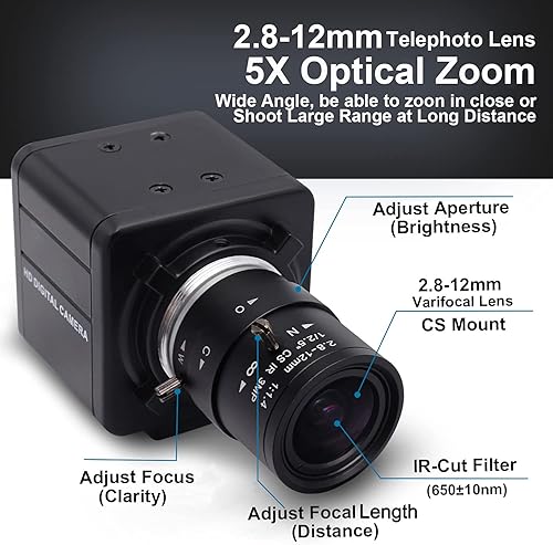 Svpro USB Camera con obiettivo zoom 2.8-12mm, 5MP HD Webcam messa a fuoco manuale con sensore CMOS OV5640, USB Desktop con attacco a vite 1/4, Plug&Play PC Computer Camera - Fashionser