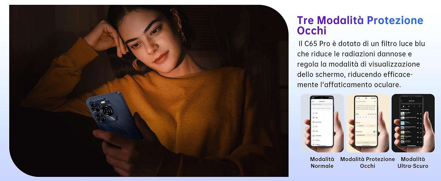 Persona in maglione giallo che utilizza smartphone in condizioni di scarsa illuminazione. Tre schermi del telefono mostrano diverse modalità di visualizzazione, dimostrando le funzioni di protezione degli occhi per varie