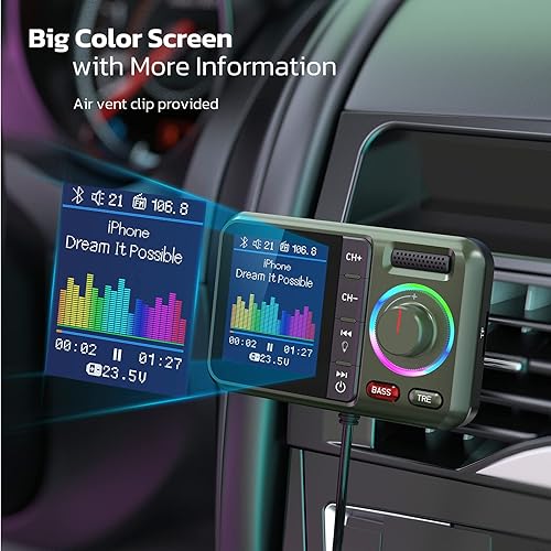 Trasmettitore FM Bluetooth per Auto, BT5.0 con Grande Schermo a Colori, Supporto Chiamate in Vivavoce, Siri&Google, Lettore Musicale MP3 BASS&TRE Booster, Scheda TF/AUX-KM28 Verde - Fashionser