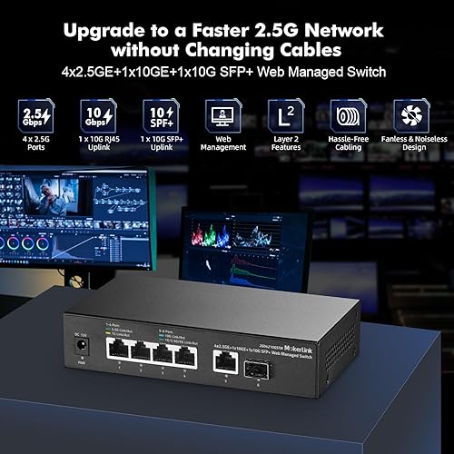 MokerLink 10G Easy Web Managed Switch, 4x2.5G, 1x10G RJ-45 Base-T, 1x10G SFP, Supporto LACP/VLAN/QOS/IGMP, Metal Web Managed Fanless Network Switch - Fashionser