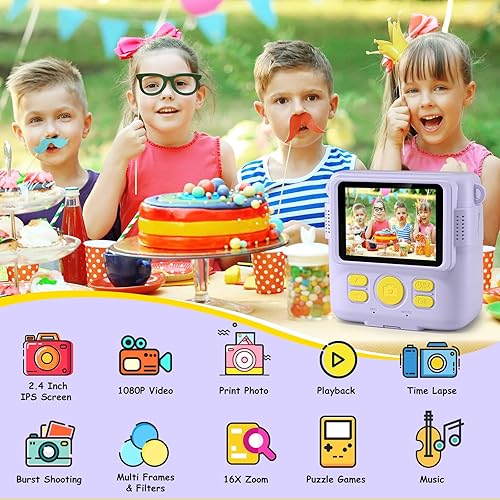 GREENKINDER Macchina Fotografica Bambini Istantanea, 3,0 Pollici 14MP Fotocamera Istantanea Bambini con 32GB Scheda, 1080P Fotocamera Digital per Bambini, Giocattolo Regalo per Bambino da 3-12 Anni - Fashionser