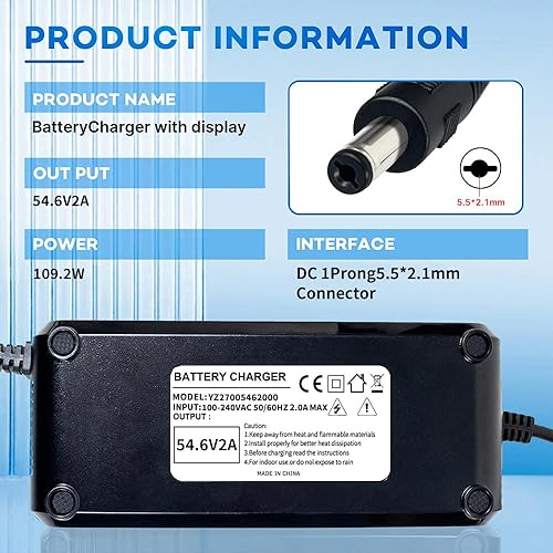 YANGZIDIANYUAN Caricabatterie rapido da 54,6 V, 4 A, per scooter elettrico da 48 V, batteria agli ioni di litio (54,6 V, 2 A, 5,5 x 2,1) - Fashionser