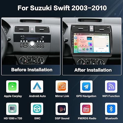 Inefala 4+64G Autoradio per Suzuki Swift 2003-2010 Android con Wireless CarPlay Android Auto, 10'' Schermo per Auto Soporta Bluetooth WIFI GPS FM/RDS 32EQ SWC AHD Telecamera Posteriore - Fashionser