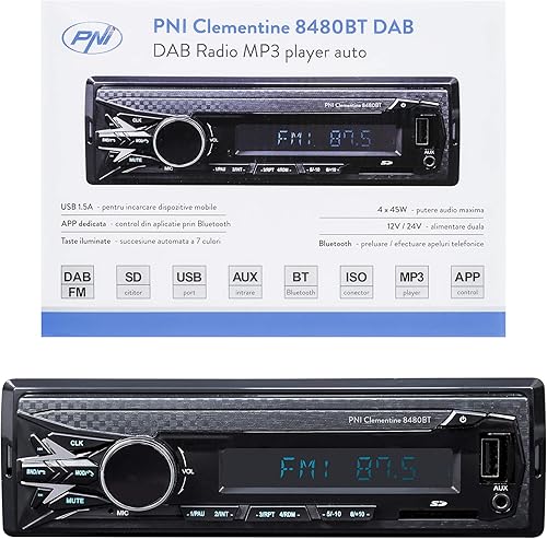 DAB Autoradio Lettore MP3 per auto PNI Clementine 8480BT 4x45w, 12 / 24V, 1 DIN, con SD, USB, AUX, RCA, Bluetooth e USB 1.5A per la ricarica del telefono - Fashionser