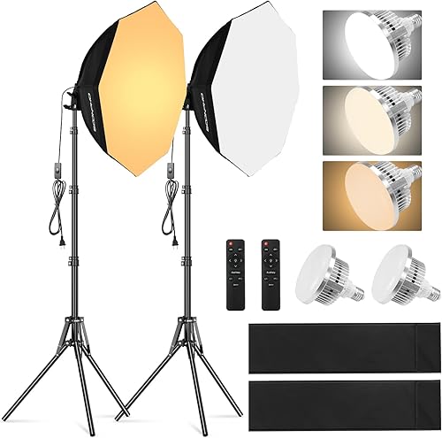 softbox set studio fotografico, set di luci fotografiche softbox ottagonale con stativi 22inch/55cm, luci da studio 3000-6000K per riprese video in studio, 2 luci fotografiche 85W - Fashionser