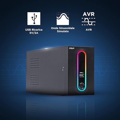 Noua Zeus 1200VA RGB Gruppo di Continuità per Computer PC UPS Line Interactive 1200VA / 720 Watt, AVR, 4 Uscite Schuko, Porta di Ricarica USB 5V/2A - Fashionser