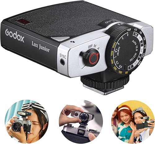 Godox Lux Junior - Flash per fotocamera retrò, 6000 K ± 200 K, lunghezza focale 28 mm, modalità A/M, 7 livelli di potenza flash per fotocamere Canon, Nikon, Sony, Fuji, Olympus - Fashionser