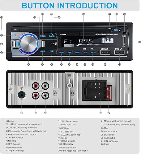 RDS Autoradio Bluetooth vivavoce, Lifelf Radio stereo 4 x 65W 1 ricevitore radio per auto DIN con lettore MP3 Telecomando WMA FM, due porte USB, supporto iOS, Android - Fashionser