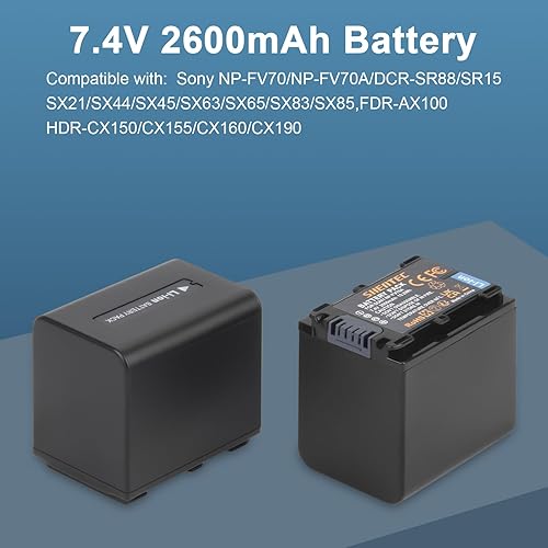 2Pz Shentec 7.4V 2600mAh Li-ion NP-FV50 NP-FV50 batteria + caricatore per Sony NP-FV30 NP-FV40 FV70 FV100 batterie; HDR-CX150E HDR-CX170 HDR-SR68 DCR-SR20E HDR-CX190 HDR-CX130 - Fashionser