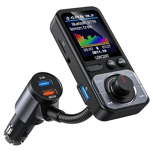 LENCENT Trasmettitore FM Bluetooth 5.0 Auto, QC3.0 18W Ricarica Veloce, Adattatore Radio Auto AUX con Schermo a Colori, Hi-Fi & Bassi Profondi, Chiamatta Vivavoce, Assistente Siri e Google, Scheda TF - Fashionser