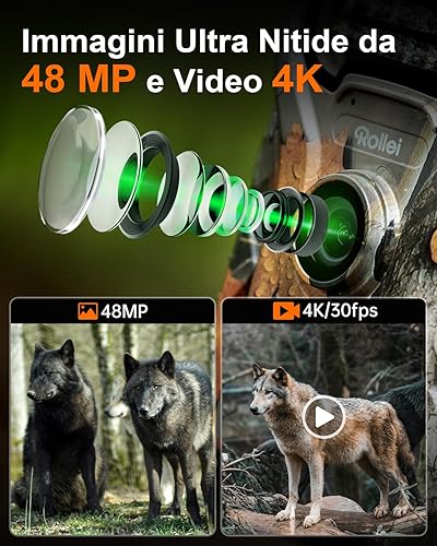 Fototrappola Rollei 4K WiFi, 48MP 4K Fototrappola Notturna Wifi con App e Sensore di Movimento Telecamera Caccia Notturna Infrarossi con Batteria e Schermo TFT-LCD da 2' Impermeabile IP65 per Animali - Fashionser