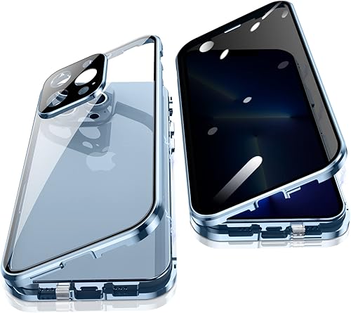 Jonwelsy Anti Peeping Cover per iPhone 13 Pro (6,1'), 360 Gradi Protezione Case, Privacy Vetro Temperato Anti SPY Custodia, Adsorbimento Magnetico Bumper Metallo Frame per iPhone 13 Pro (Blu) - Fashionser
