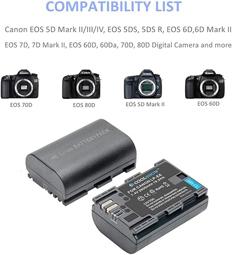 COOLSHOW LP-E6 Batteria di ricambio 2pezzi(2600mAh)con Caricabatterie Doppio LED per Canon EOS 5D Mark II/III/IV,EOS 5DS,EOS 6D,6D Mark II, EOS 7D,EOS 7D MarkII,EOS60D,60Da,EOS70D,80D,EOS R,XC10,XC15 - Fashionser