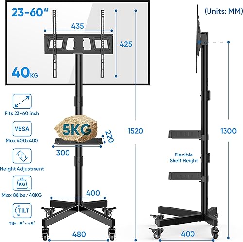 FORGING MOUNT Supporto TV da Pavimento per 26-60 Pollici TV, Altezza Regolabile Carrello Porta TV con Ruote Fino a 40kg, Porta TV da Terra Mobile con Scaffale per Laptop, Max VESA 400x400mm - Fashionser
