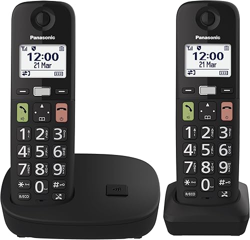 Panasonic KX-TGU112EXB - Telefono digitale wireless con segreteria telefonica, unità base e 2 combinazioni, schermo LCD, tasti grandi, chiamata preferita, compatibile con apparecchi acustici, nero - Fashionser