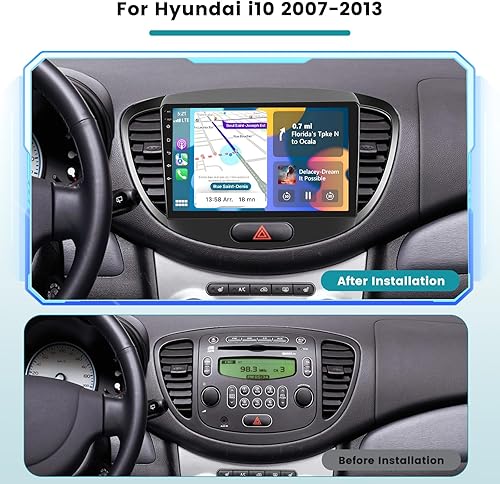 Hikity 2+64G Stereo Auto per Hyundai i10 2007-2013 senza fili Carplay Android Auto Mirror Link, 9 Pollici Android Stereo Radio Bluetooth con GPS WIFI FM/RDS EQ SWC MIC Telecamera Posteriore - Fashionser