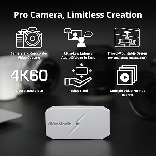AVerMedia 4K60 HDMI Capture Card per DSLR, videocamere, GoPro - Bassa latenza per streaming live e videoconferenze con OBS, Zoom, Twitch - Compatibile con Windows, MacOS, PC - CamStream 4K BU113G2 - Fashionser