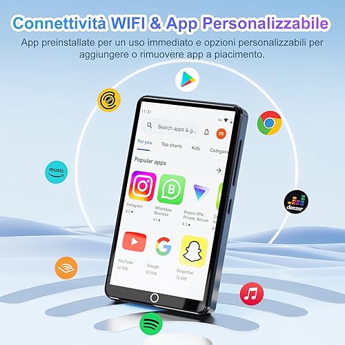 Lettore MP3 da 80 GB con Bluetooth e WiFi, Mp3 e Mp4 Musicale Lettore con Fotocamera, MP3 Player Schermo Tattile da 4.02 pollici, Lettore MP4 Android Portatile con Spotify, Audible, app Play Store - Fashionser