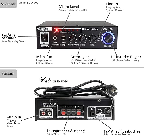 ChiliTec Amplificatore HiFi CTA-100 Ingresso RCA Stereo per PC, Ufficio, Gaming e Cucina Nero - Fashionser