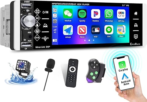 OiLiehu Autoradio 1 Din con Schermo 5.1 Pollici Carplay Android Auto Autoradio Supporto Mirror Link/EQ/Bluetooth/SWC/FM AM RDS/Telecamera Posteriore/DVR/AUX/USB/Tipo C Ricarica Rapida/Microfono - Fashionser