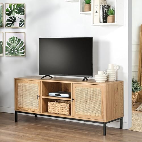 Meuble TV 2 Portes avec Cannage Rotin et 2 Niches - L120cm - Fashionser