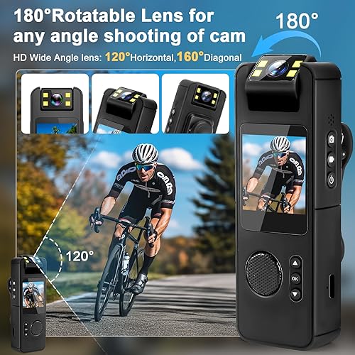Telecamera per corpo WLAN Bodycam con scheda TF da 128 GB, 1080P FHD Mini fotocamera con obiettivo girevole a 180°, registrazione audio e video per sport all'aria aperta, polizia - Fashionser