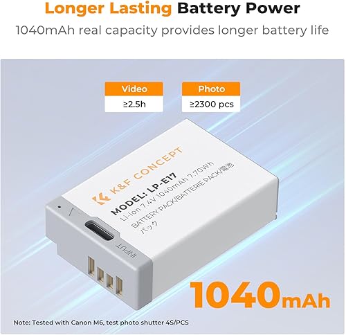 K&F Concept LP-E17 - Batteria 1040 mAh con USB-C, 2 pezzi, compatibile con Canon EOS R50 R8 RP R10 R100,M6 II M5 M3 77D T6i 750D T6s 760D T7i 800D T8i 850D - Fashionser