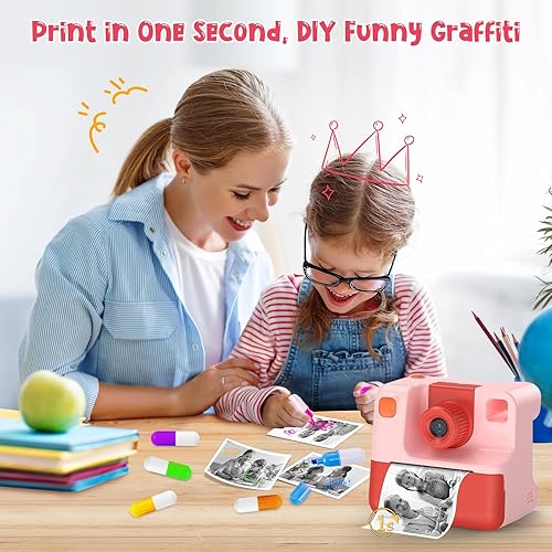 ponoseu Macchina Fotografica Bambini Istantanea, 1080P Digitale Fotocamera Istantanea Bambini, Regalo per Bambini dai 3-12 Anni, 32GB Scheda SD, 5 Penne Colorate (rosa) - Fashionser