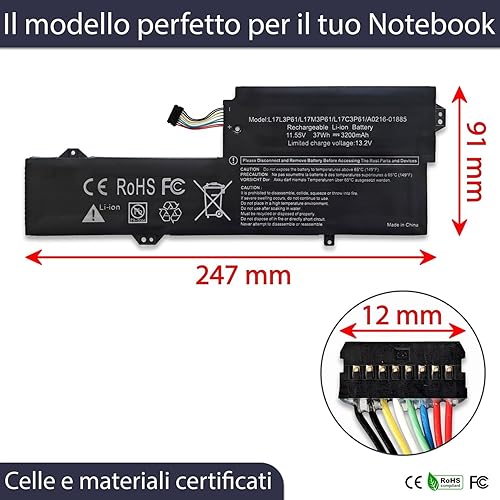 new net - Batteria Premium L17C3P61 [11.4-11.55V - 3200mAh] Compatibile con Lenovo L17M3P61, 5B10N87358, 5B10Q39199 - Fashionser