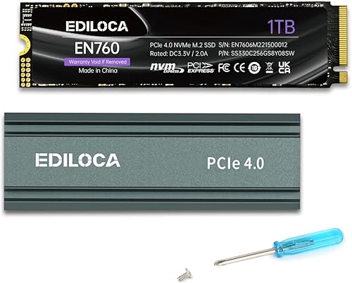 Ediloca EN855 SSD da gioco interno con dissipatore di calore 4 TB PCIe Gen4, NVMe M.2 2280, fino a 7400 MB/s, unità a stato solido, configurazione cache DRAM, compatibile con PS5 e PC - Fashionser