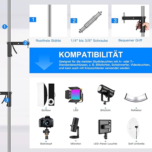 Metal Heavy Roll Stand Studio Stand 240cm Robusto Stativo Fotografico con ruote per treppiede e kit di 2 maniglie scorrevoli,capacità di carico massimo 15kg per Monolight Softbox Reflector - Fashionser