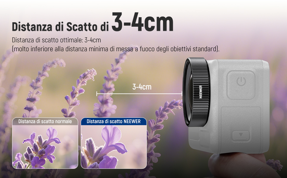 Il testo recita «Distanza di Scatto di 3-4 cm». Dimostrazione del prodotto che mostra la distanza di messa a fuoco tra la fotocamera e i fiori di lavanda, con immagine divisa che mostra i risultati delle foto macro.