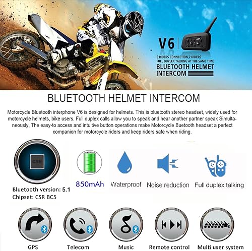 V6 Pro 1200M Impermeabile Interfono Moto, Moto Auricolare Bluetooth con Cancellazione del Rumore, Comunicazione Bluetooth per Casco Moto con Fino a 6 Riders (2 Pezzo) - Fashionser