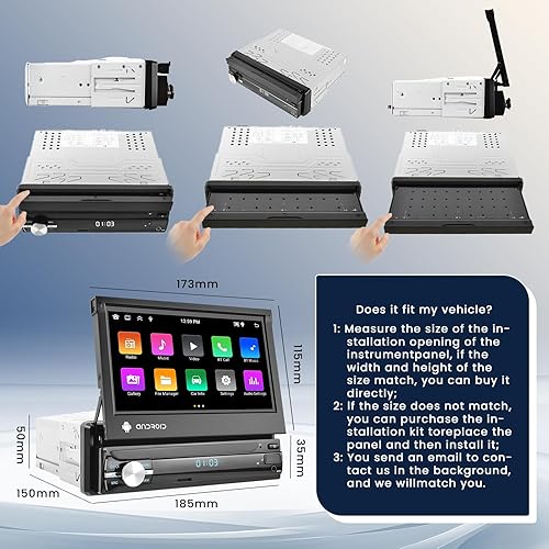 Autoradio 1 Din Android con Schermo Retrattile da 7 Pollici Wireless Carplay Android Auto, 1G+32G, Touchscreen Stereo Auto Bluetooth con GPS WiFi RDS/FM SWC Telecamera Posteriore Mic - Fashionser