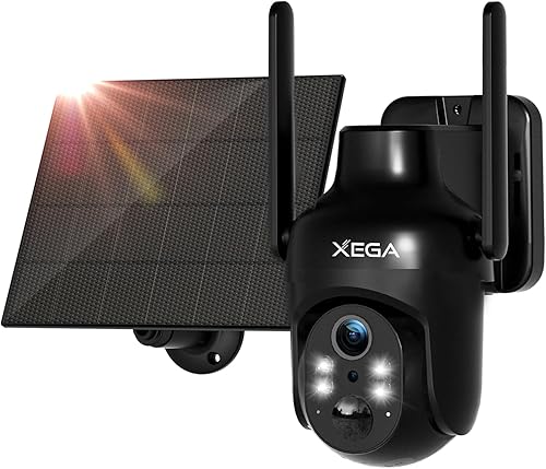 Xega 2 Pezzi Wi-Fi Telecamera Solare Esterno Senza Fili, HD PTZ Telecamere con Pannello Solare Batterie, Visione Notturna a Colori, Rilevamento Umano PIR, Audio a 2 Vie, IP66, 2,4GHz - Fashionser