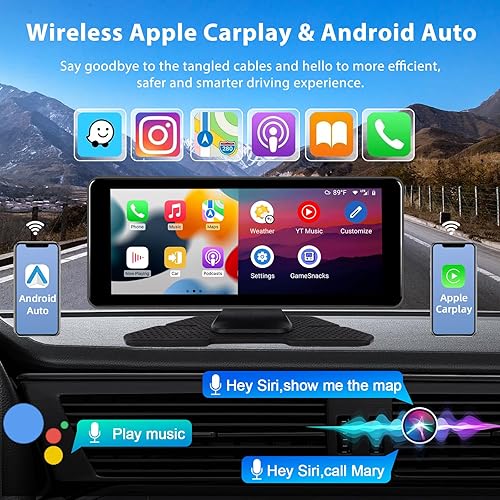 Podofo 4K Dash Cam Portatile Autoradio con Wireless CarPlay/Android Auto，6,86' Schermo con Bluetooth/Mirror Link/Trasmettitore FM/GPS/Siri/DVR/SD/Supporto Fotocamera Posteriore+Scheda da 64 GB - Fashionser