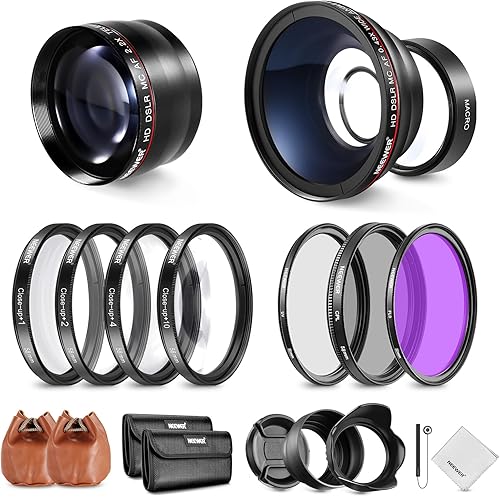 Neewer Filtri 58mm & Accessori per Obiettivo Canon Rebel EF-S 18-55mm: 0,43X Grandangolo, 2,2X Teleobiettivo, Filtri UV/CPL/FLD & Set Filtri Macro, Copriobiettivo, Parasole, Custodia ecc. - Fashionser
