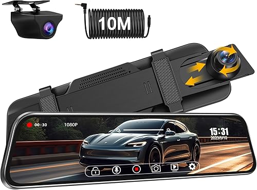 Vtopek Dual 1080P Dash Cam Auto Specchietto Retrovisore Auto con Telecamera 170°+140° Grandangolo 10' Specchietto Retrovisore Dashcam con Visione Notturna G-sensor Registrazione in Loop 10M Cavo - Fashionser