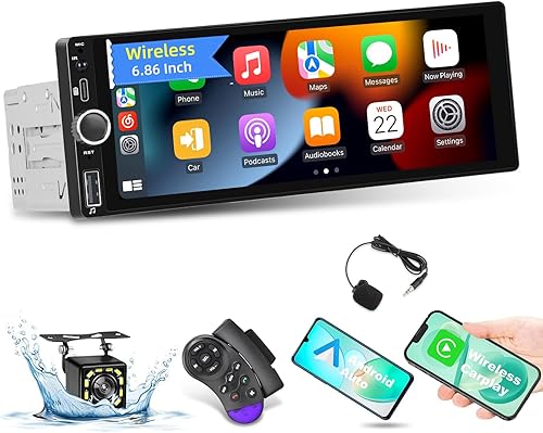 Autoradio 1 Din con Carplay Wireless e Android Auto - Radio con Schermo Touchscreen IPS da 6,86 Pollici con EQ, Radio FM/RDS, Bluetooth, Porta TF/AUX/USB/TYPE-C, SWC + Telecamera di Backup - Fashionser