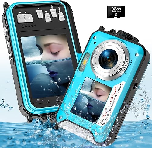 YISENCE Fotocamera subacquea UHD 4K 56MP Autofocus fotocamera digitale impermeabile con una scheda 32GB selfie doppio schermo fotocamera impermeabile per snorkeling - Fashionser