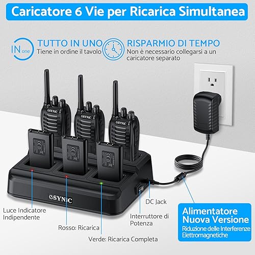 6 Pezzi Walkie Talkie Radio USB Ricaricabile PMR 446MHz VOX Ricetrasmittente Portatile 16 Canali Singola Banda Walkie-Talkie Professionali con Cavo Auricolari Funzione Torcia Elettrica - Fashionser