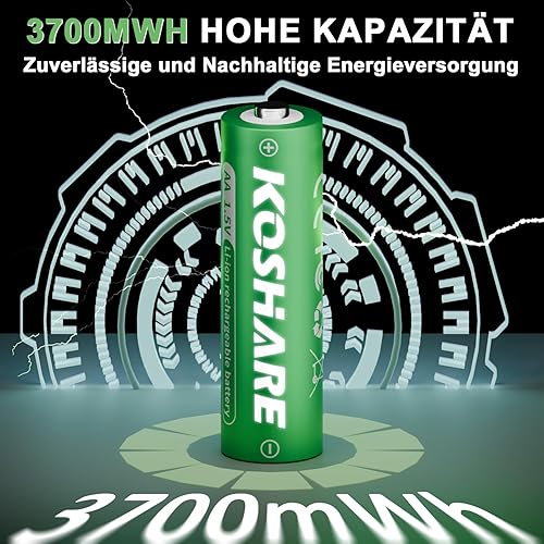 Batterie ricaricabili AA al litio, confezione da 8 con caricabatterie, 1,5 V, 3700 mWh, alta capacità, celle agli ioni di litio doppie A, ricaricabili fino a 1200 volte (nero+verde, 8AA+8 slot - Fashionser