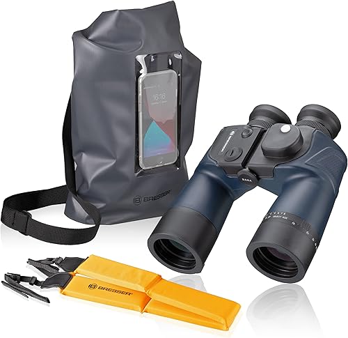 Bresser BinoSail - BinoSail 7x50 per marinai, impermeabile, con bussola e piastra per il calcolo della distanza/dimensione, con cintura e borsa impermeabile - Fashionser