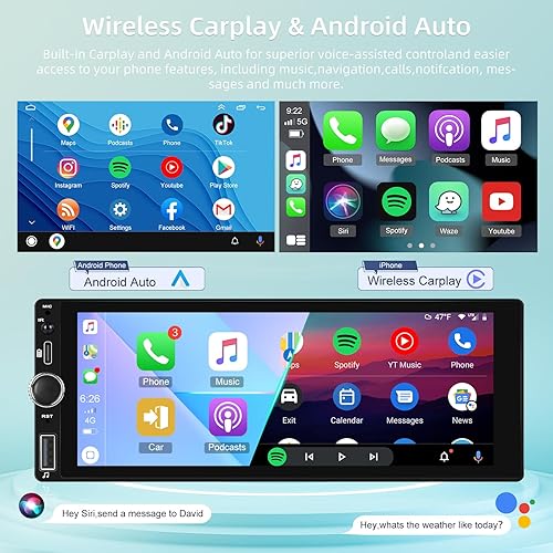 Autoradio 1 Din con Carplay Wireless e Android Auto - Radio con Schermo Touchscreen IPS da 6,86 Pollici con EQ, Radio FM/RDS, Bluetooth, Porta TF/AUX/USB/TYPE-C, SWC + Telecamera di Backup - Fashionser