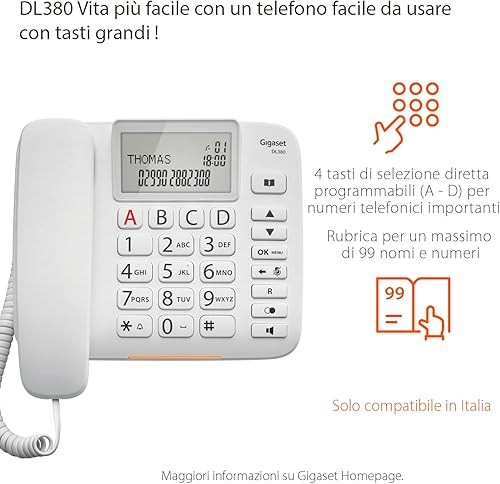 Gigaset DL380 - Un Telefono Facile da Usare con Tasti Grandi - 4 tasti di selezione diretta programmabili (A - D) - Rubrica, Nero [Versione Italiana] - Fashionser