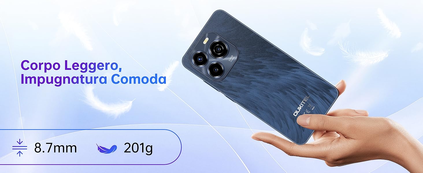 Smartphone blu sottile con sistema a tripla fotocamera tenuto in mano. Il testo indica uno spessore di 8,7 mm e un peso di 201 g. Il testo in italiano suggerisce un corpo leggero e